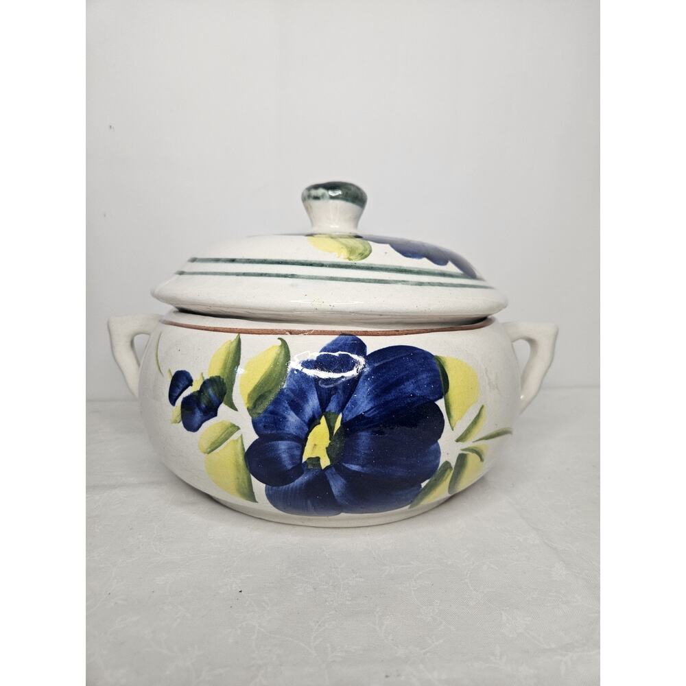 Vtg Mexican Hand Made Painted Decorative Lidded Bean Pot Blue Floral Casserole
